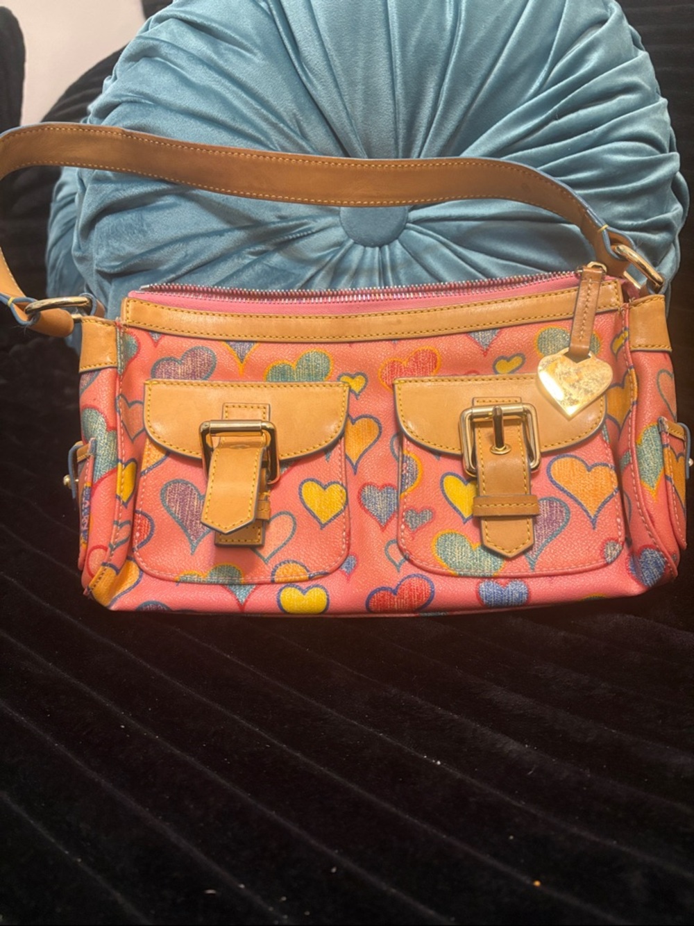 Dooney & Bourke Coral Heart-Print Shoulder Bag with Tan Trim